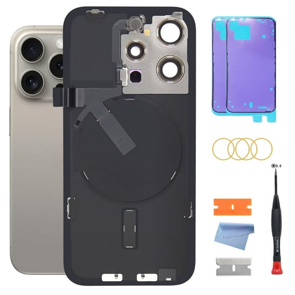 Back Glass Replacement for 15 Pro max with Plate & Flex Cable -  Back Glass Replacement for 15 Pro max 6.7 Inch with Repairing Tool Kits(Natural Titanium)