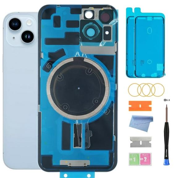 Back Glass Replacement for iPhone 14 - 6.1 Inch Back Glass Replacement for iPhone 14 All Carriers with Pre-Installed Plate & Camera Frame & Repairing Tool Kits(Blue)