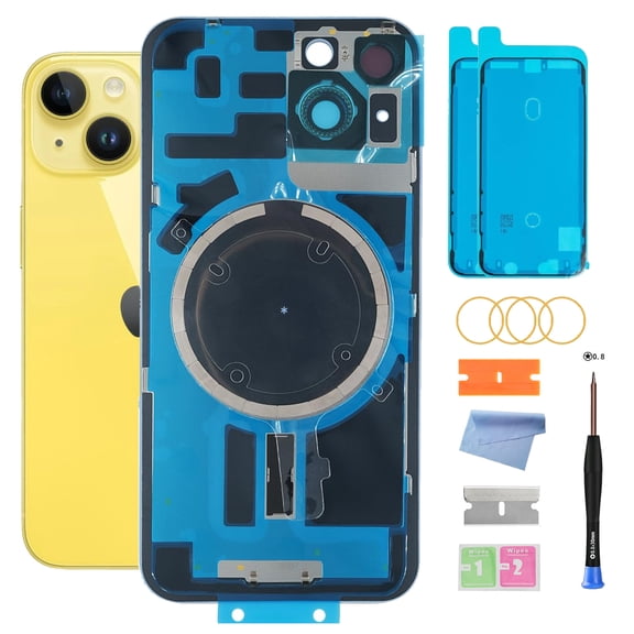 Back Glass Replacement for iPhone 14 - 6.1 Inch Back Glass Replacement for iPhone 14 All Carriers with Pre-Installed Plate & Camera Frame & Repairing Tool Kits(Yellow)