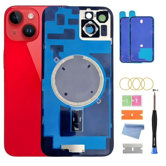 Back Glass Replacement for iPhone 14 ( 6.1- inch, ModelsA264A2632 / A2634) with Pre- InstalledAdhesive Plate /Camera Frame / Lens / Repair Tool KitRed