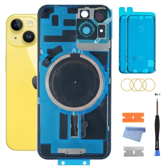 Back Glass Replacement for iPhone 14 ( 6.1- inch, ModelsA264A2632 / A2634) with Pre- InstalledAdhesive Plate /Camera Frame / Lens / Repair Tool Kit(Yellow)