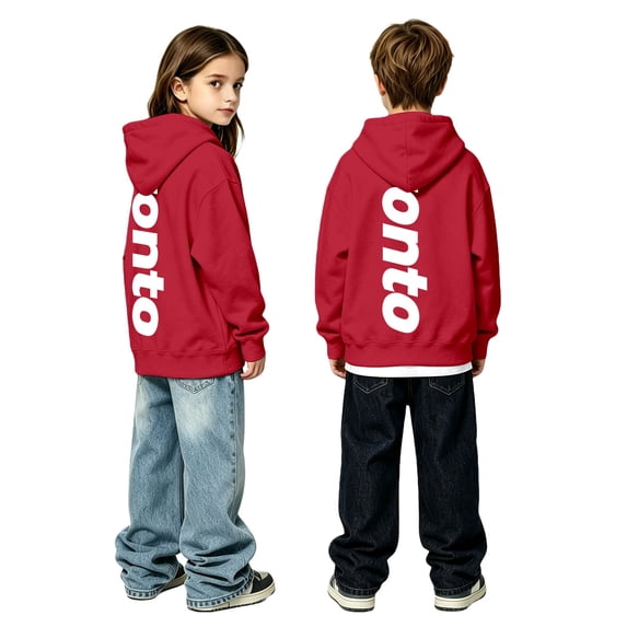 Back Graphic Kids Hooded Sweatshirt, Vertical City Letter Print Pullover Long Sleeve Outerwear, Unisex Toddler Clothing Sizes 2 to 10 Years
