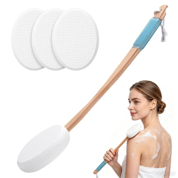 Back Lotion Applicator 17.5" Long Handle, 4 Replaceable Scrubber Pads with Hanging Loop, for Shower