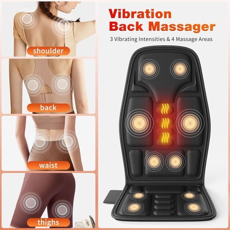 Back Massager with Heat for Pain Relief, Back Massage Chair Pad, Full Body Massage, Deep Tissue Vibration Massager with 2 Adapters