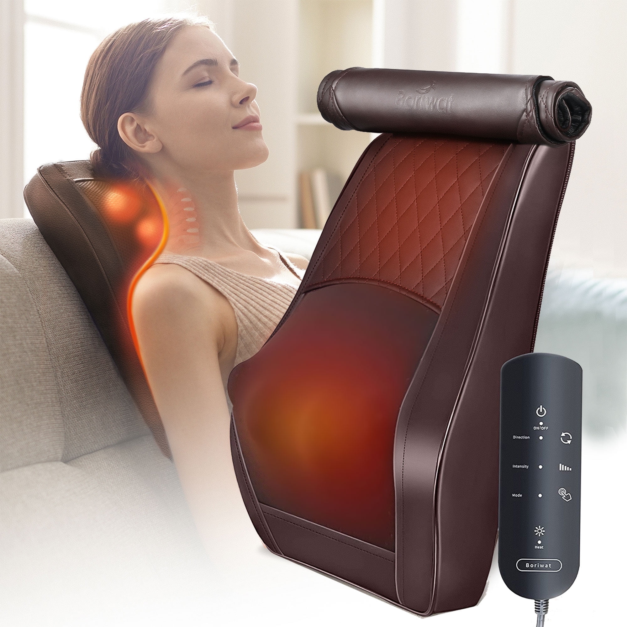 Back Massager with Heat and Vibration, Boriwat Shiatsu Neck Massager Pillow Deep Tissue, Brown