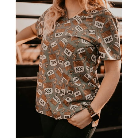 Women's scrub top, Western, Workwear, Uniform, Scrub Sets, Spurrin' Scrubs-Back Number for Brainiacs Scrub Top