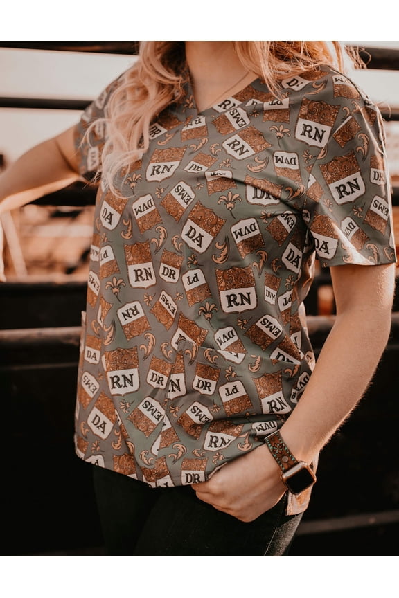 Women's scrub top, Western, Workwear, Uniform, Scrub Sets, Spurrin' Scrubs-Back Number for Brainiacs Scrub Top