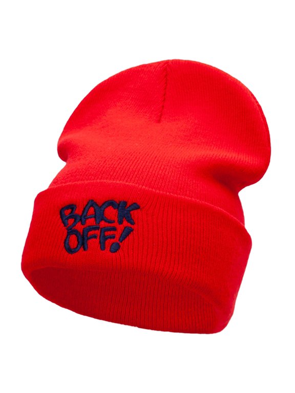 Back Off Phrase Embroidered 12 Inch Long Knitted Beanie - Red OSFM