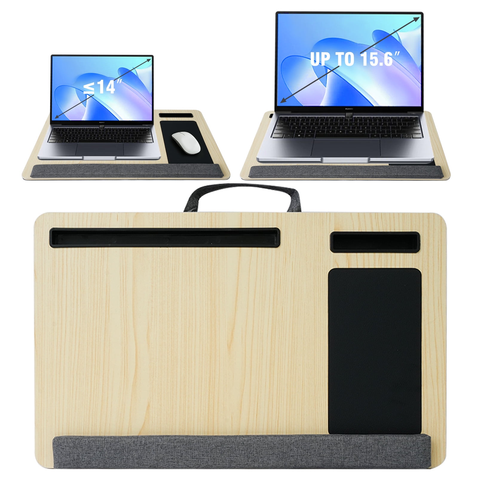 CATGOOD Portable Lap desk, Laptop Desk with Pillow, Wood Lapdesk Bed Table with Soft Pillow, Mouse Pad & iPad/Phone Slots, Fits up to 15.6 inches, White