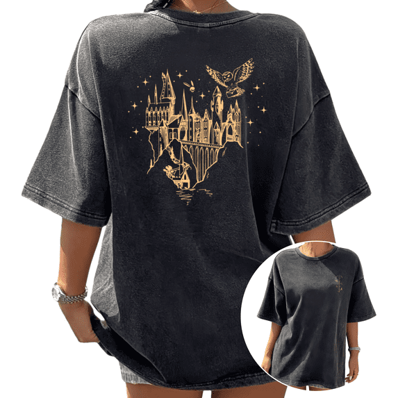 Back Print Golden Wizard Castle Black Washed Starry Owl Print Tshirt Graphic Tees Shirts Short Sleeve S-2XL Tops