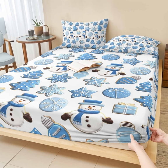 Twin XL Size Fitted Sheet Set - Christmas Snowman 2 Piece Bedding Sets 16" Deep Pocket Fitted Sheet with 1 Pillowcases, Winter Snowflakes Xmas Tree Gingerbread Blue Microfiber Hotel Bed Sheets