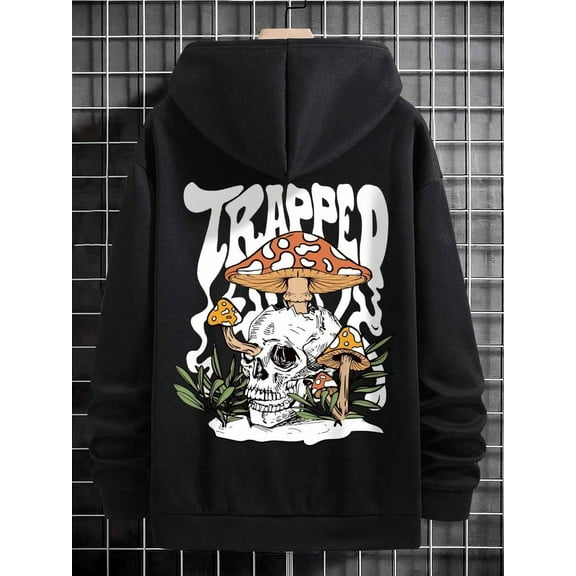 Back Printed Active Top 1pcs Men's Mushroom Skull Graphic Hoodie 100% Cotton Casual Sports Sweatshirts  Streetwear Long Sleeve Hooded Pullover,Translation