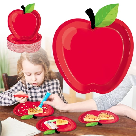 Back to Schol Decorations, 24PCS Red Paper Plates for First Day of Schol, Disposable Apple-Shaped Tableware for 24 Guests, Kindergarten Classroom Party Supplies