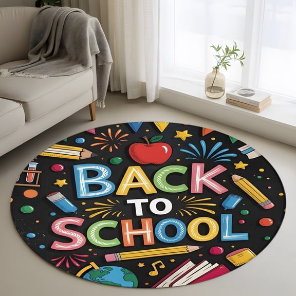 Back to School 3FT Round Area Rug Red Fruit Pencils Earth Globe Modern Black Soft Small Round Rugs Non-Slip, Ultra-Thin Washable Rug Low Pile Circle Carpet for Bedroom Kitchen Nursery