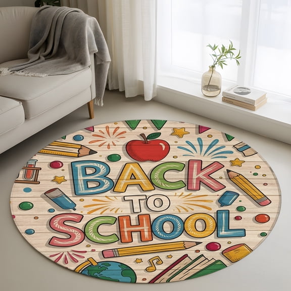 Back to School 3FT Round Area Rug Vintage Earth Globe Pencils Star Graffiti Soft Small Round Rugs Non-Slip, Ultra-Thin Washable Rug Low Pile Circle Carpet for Bedroom Kitchen Nursery
