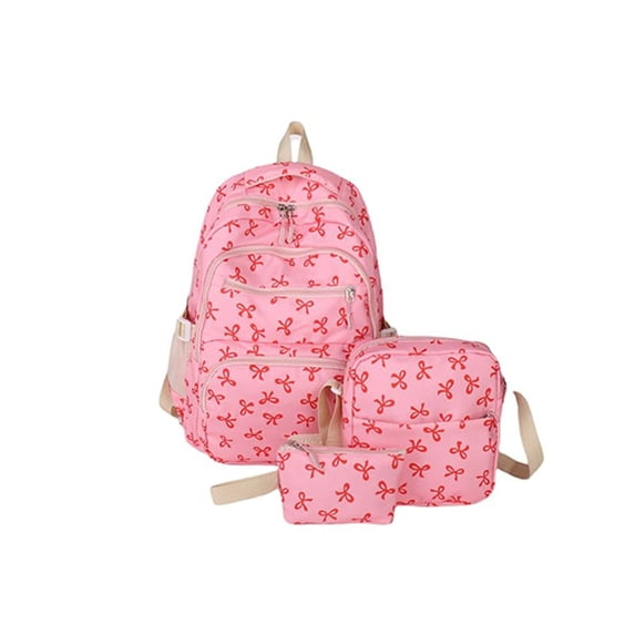 Cute Bow Print 3-in-1 Backpack Set, Lightweight Waterproof Nylon Student Bookbag, Aesthetic Daypack with Crossbody Purse & Pen Bag for Teen Women Travel Campus
