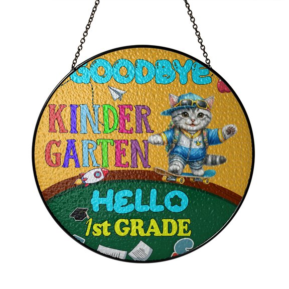 Back to School American Shorthair Goodbye Kindergarten Hello 1st Grade Stained Glass Suncatcher Cat Lover Kitten Owner Gifts Window Hanging Sign Decor - 02011