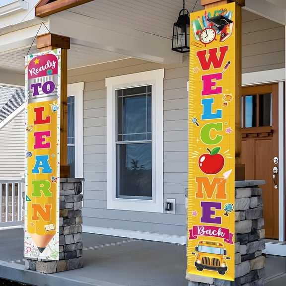 Back to School Banner Decorations,2pcs Welcome Back Ready to Learn First Day of School Porch Sign Banner 71x12inch Yellow Back to School Door Decorations Indoor Outdoor