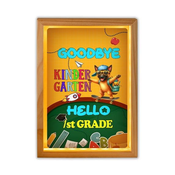 Back to School Belgian Malinois Goodbye Kindergarten Hello 1st Grade Acrylic Plaque with Wood Photo Frame Box Sheepdog Dog Lover Gifts Light Box - 02011