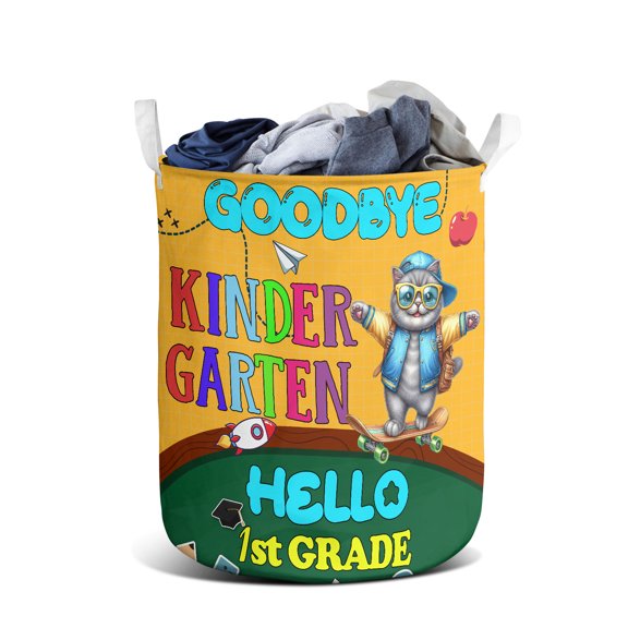 Back to School British Shorthair Goodbye Kindergarten Hello 1st Grade Foldable Laundry Basket Cat Lover Kitten Owner Gifts Organizer Storage with Handles - 02011