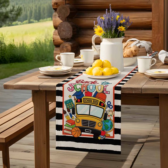 Back To School Bus Book Brush Table Runner 13x48in Non-Slip Cotton Linen Table Runners, Basketball Black Stripe Flax Dresser Scarves TableRunner for Dinner Kitchen Dining Wedding Party