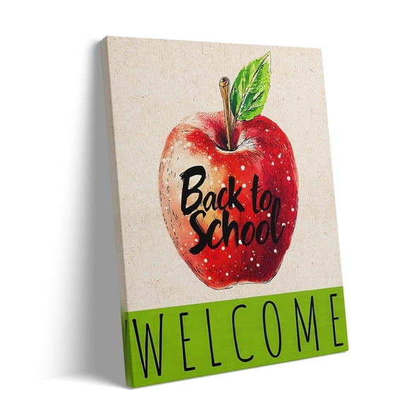 Back to School Canvas Wall Art Decor Painting - Red Apple Welcome Back to School Poster Print Oil Painting, Rustic Style Art, Classroom Entryway Decor
