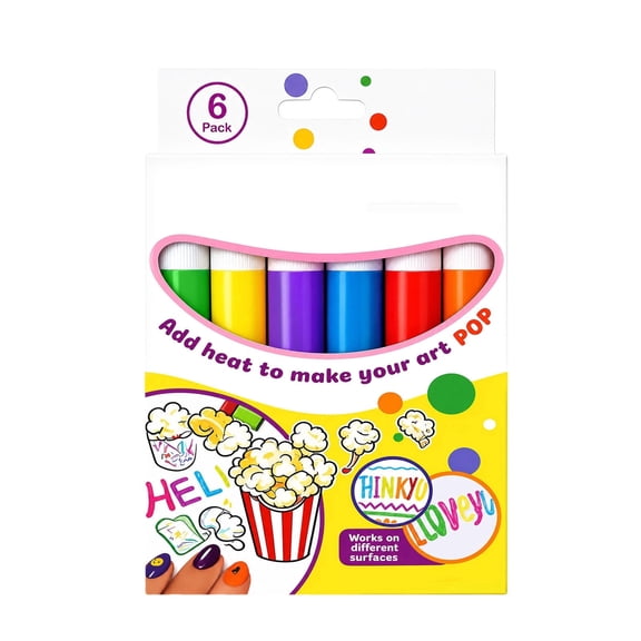 Chmadoxn Magic Popcorn Drawing Pens 6 Pack DIY Bubble Puffy 3D Art Drawing Pens Safe Heat Activated Color Paint Markers for Crafting Birthday Greeting Cards Multi-Surface