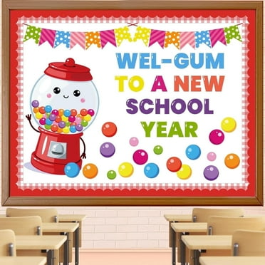 The first day of school Classroom Bulletin Board Decorations Colorful Bubble Gumballs Name Tags Cutouts Welcome Candy School Chalkboard Wall Decor for Teacher Preschool Elementary