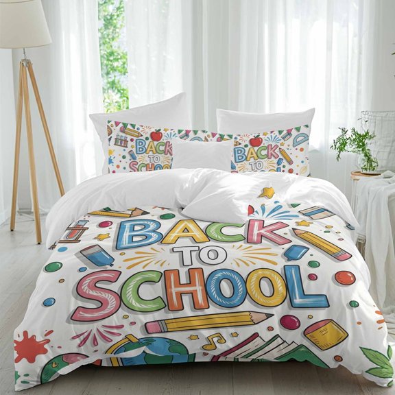 Back to School Comforter Set Twin Size, Red Fruit Pencils Earth Globe Holiday Modern Soft Bedding Set for Man Woman, 4 Pieces Duvet Cover Set with Fitted Sheet, 2 Pillowcases