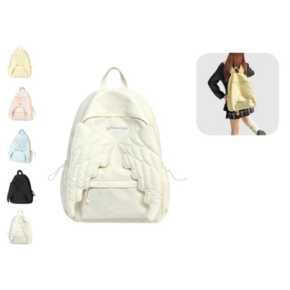 Back to School Cutecore Backpack Cute Daypack with Wings, Durable Reusable Nylon Backpack, Eye-Catching Angel Wing Design, Leisure Carry Bag for School, Cafe and Short Vacatio(White)