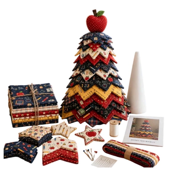 Back to School DIY Quilted Tree Sewing Kit, Fabric Patchwork Tree Craft Set with Foam Cone & Guidebook, Apple Topper Tabletop Ornament for Classroom Home Decor 20CM