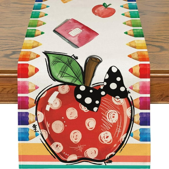Back to School Decorations, Apples Colorful Crayons Table Runners 72 Inches Long Back to School Table Runner for Indoor Outdoor Classroom Decor Dining Table Party Decorations (13" x 72")