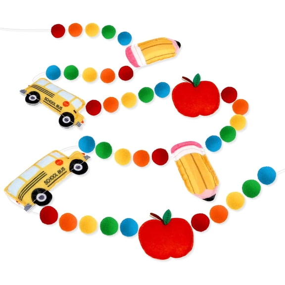 YIBAGA Back to School Decorations Banner Garland, 7.5 ft Felt Pompom Pencil Apples School Bus Ball Garland, Pre-Assembled Rainbow Color