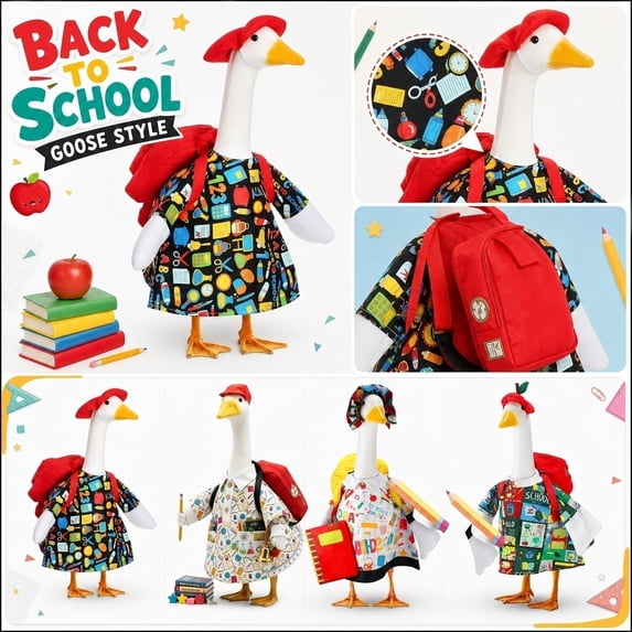 Back to School Decorations, Porch Goose Outfit, Classroom Goose, Welcome Back Decorations, 18X11 in Set with Apple Headwear, Small Red Backpack, and Printed School-Themed Top for