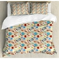 thumbnail image 1 of Back to School Duvet Cover Set, Repetitive Cartoonish Pattern of Globe Books Laptops Notes and Bus, Decorative 3 Piece Bedding Set with 2 Pillow Shams, King Size, Champagne Multicolor, by Ambesonne, 1 of 3