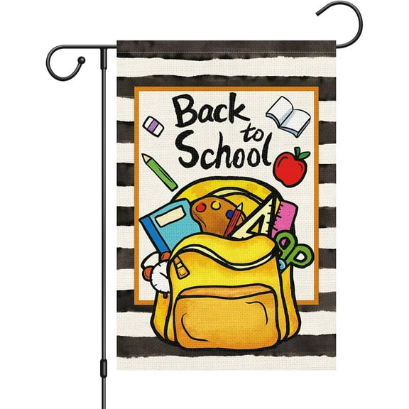 Back to School Garden Flag 12.5x18 Double Sided Vertical, Burlap Small Garden Yard Flags First Day to School Banner Outdoor Outside School Decoration (Only Flag)