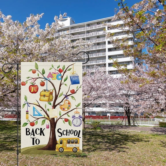 Back to School Garden Flag School Bus Yard Flag 12x18 Inch Double Sided Burlap, Flag Decorative School Days Apple Pencil Crayon Supplies Yard Flag for Children Campus Outdoor Decor (ONLY FLAG)