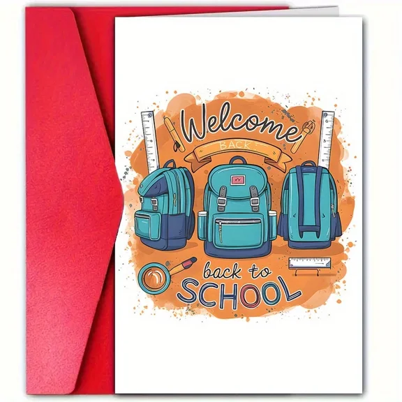 Back to School Greeting Card - Welcome Back to School Design with Backpacks and Supplies Perfect for Students & Parents Envelope Included, Blank Inside