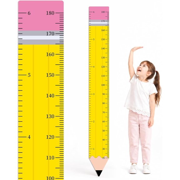 Back to School Height Growth Chart Sticker 73.2 x 8.7 inch Pencil Shaped Height Measurement Ruler Sticker Removable PVC Wall Decor for Classroom Bedroom Playroom Nursery Kindergarten Decor