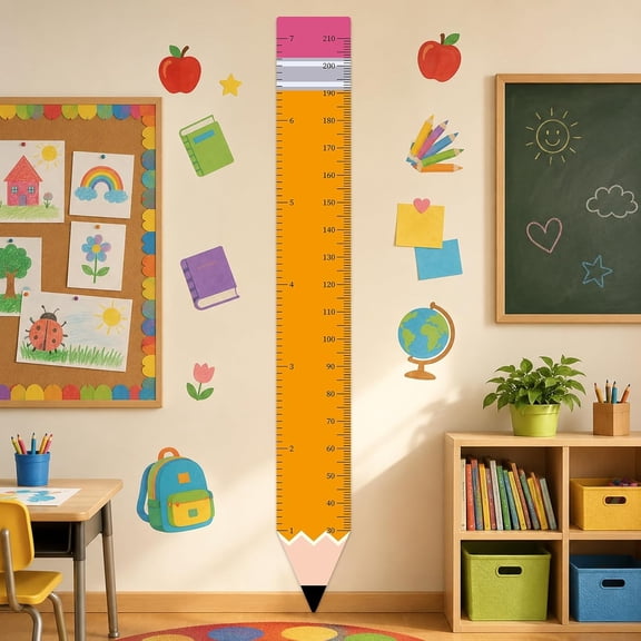Back to School Height Growth Chart Sticker 85.8 x 10.6 inch Pencil Shaped Height Measurement Ruler Sticker Removable PVC Wall Decor for Classroom Bedroom Playroom Nursery Kindergarten Decor