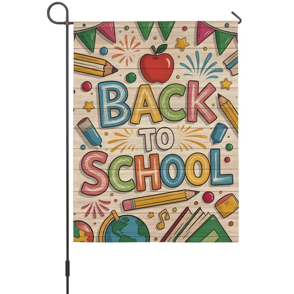Back to School House Flag 28 x 40 Inches, Vintage Earth Globe Pencils Star Graffiti Weather Proof Outdoor Patio Flags Double Sided Small House Decoration for Yard Lawn Outside Home