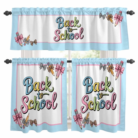 Back To School Kitchen Curtains Valance and Tier Set Pink Plaid Bow Pencil Campus Sky Blue Rod Pocket Short Curtains for Small Window 3 Pieces Set for Bedroom Bathroom Cafe (54" x 18"+27" x 24")