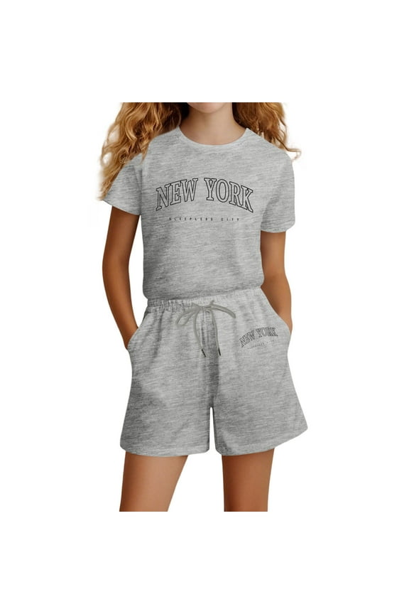 Back To School Outfits for Girls,Fashion Set Short Sleeve Letter Print Top Shorts Outfit Two Piece Casual Loose Fit School Comfort Wear,Clothes for Teen Girls,Grey,7-8 Years