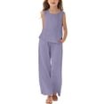 thumbnail image 1 of Back To School Outfits for Girls Size 7-8 Cotton Linen Set for Girls 2 Piece Outfits Backless Spaghetti Strap Tank Tops Matching Wide Leg Pants Kids Summer Lounge Sets, 1 of 6