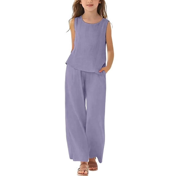 Back To School Outfits for Girls Size 7-8 Cotton Linen Set for Girls 2 Piece Outfits Backless Spaghetti Strap Tank Tops Matching Wide Leg Pants Kids Summer Lounge Sets