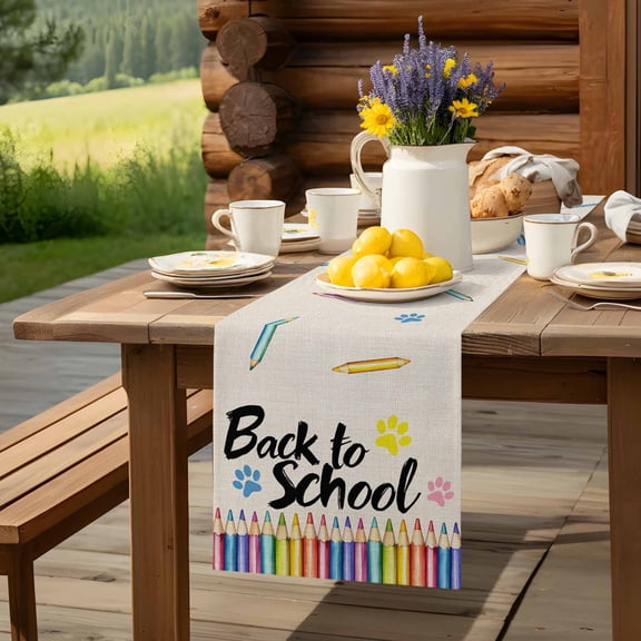Back to School Paw Print Table Runner 13x36in Non-Slip Cotton Linen Table Runners, Retro Pencil on Linen Dresser Scarves TableRunner for Dinner Kitchen Dining Wedding Party