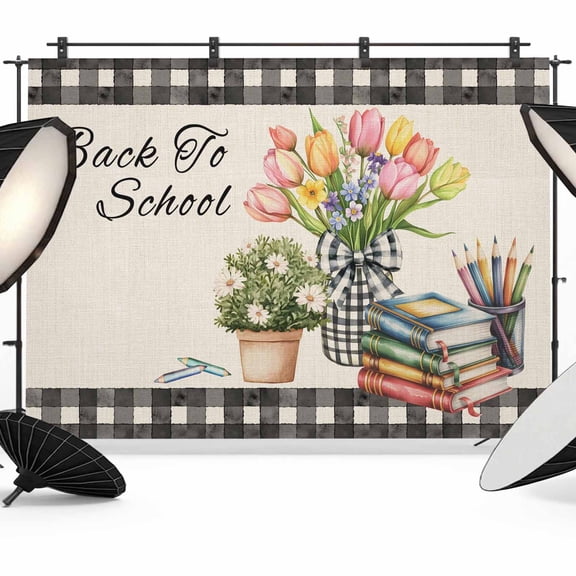 Back To School Photography Backdrop 7x5FT, Tulips Floral Vase Pencil Book Plaid Linen Photo Backdrops, Background for Photography Studio Photo Studio Background, Back Drop for Photoshoot
