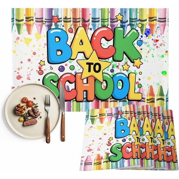 Back to School Placemats Set of 4, Colorful Crayon School Season Non-Skid Place Mats, Holiday Table Mats, Washable Stain-Resistance Tablemats for Party/Dining Room/Kitchen Decorations