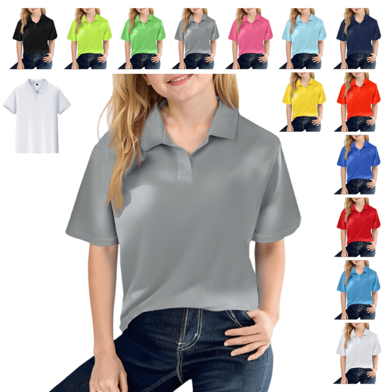 Back To School Polo Shirt for Girl Golf Tennis Quick Dry Collared Short Sleeve Kids School Uniform T Shirts Summer Performance Comfort Blouses Gray 8-9 Years