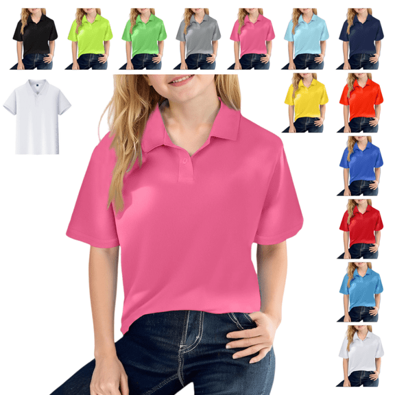 Back To School Polo Shirt for Girl Golf Tennis Quick Dry Collared Short Sleeve Kids School Uniform Tee Shirts 2026 Summer Performance Comfort Top Hot Pink 8-9 Years
